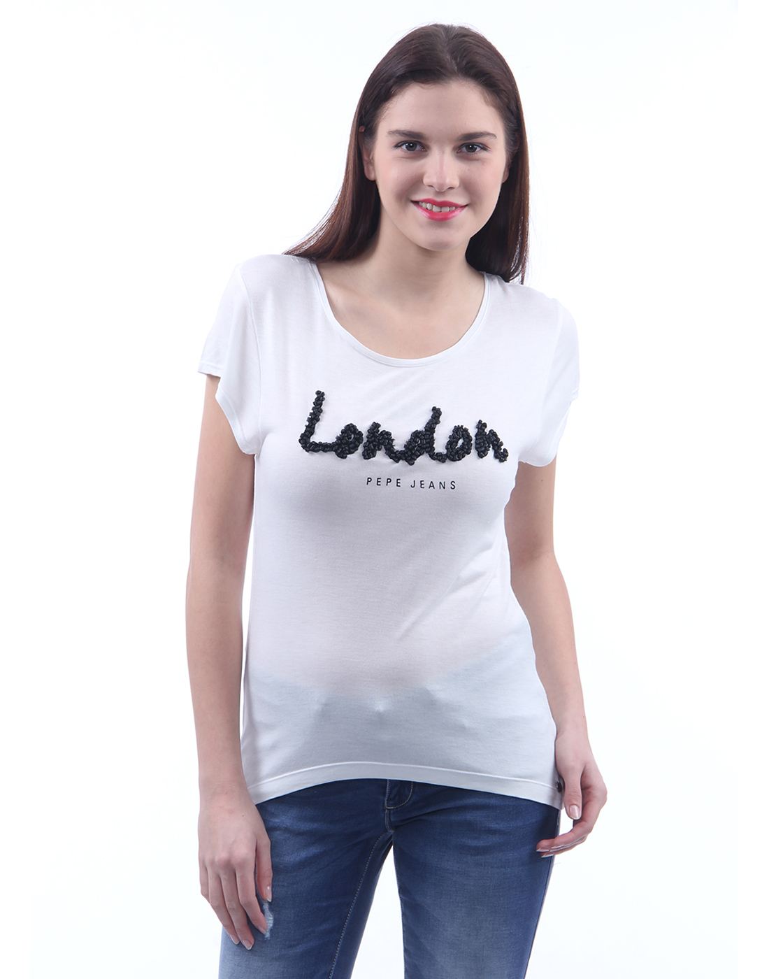 Pepe Jeans Women Casual Wear White Embellished T-Shirt